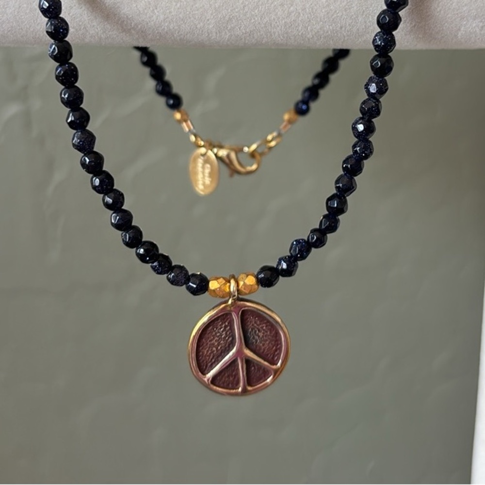 Gold Peace Charm on Blue Sandstone‎ Beaded Necklace NWT